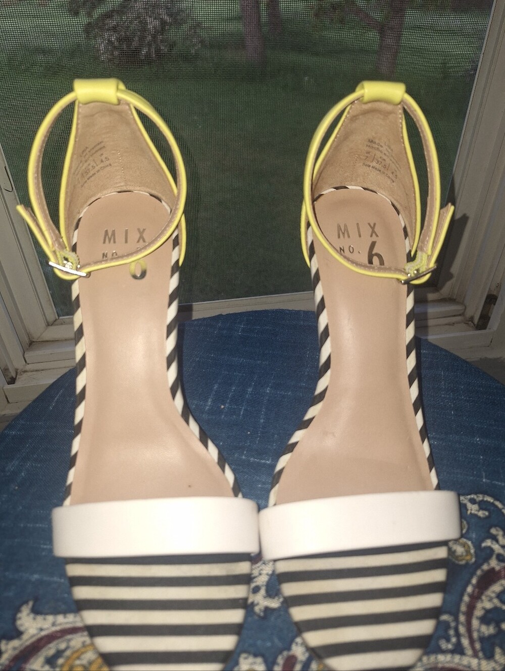 Mix No. 6 White, Black & Lime Green Striped Ankle-Strap Heels